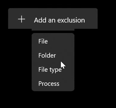 Windows Security exclusions screen with Add an exclusion and Folder selected