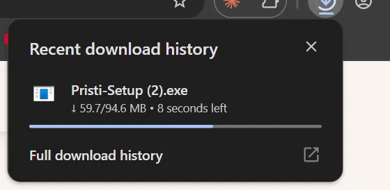 Chrome's recent download panel showing Pristi Setup downloading