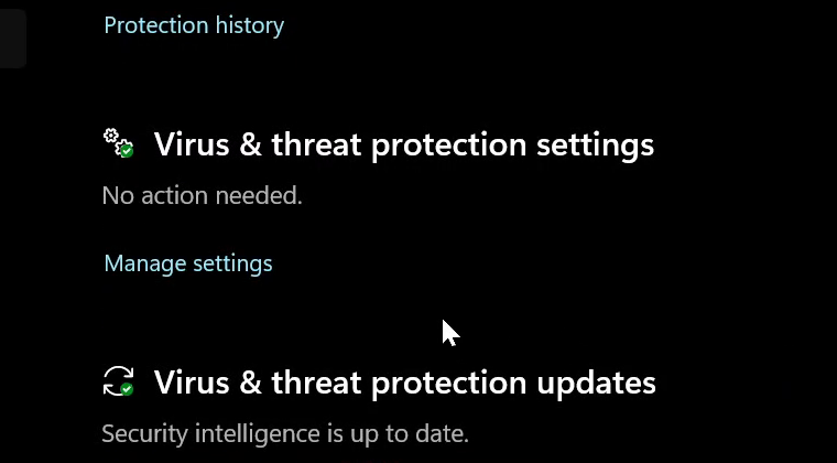 Virus and threat protection settings showing the Manage settings link