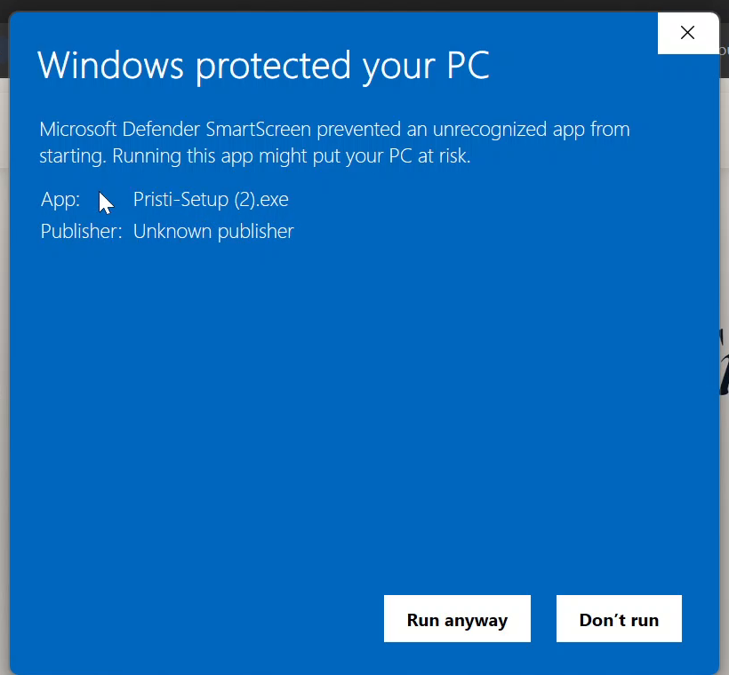 Windows protected your PC screen showing Pristi Setup, Unknown publisher, and the Run anyway button